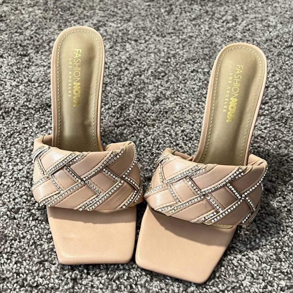 Fashion Nova Nude Heeled Sandals with Rhinestone Accents